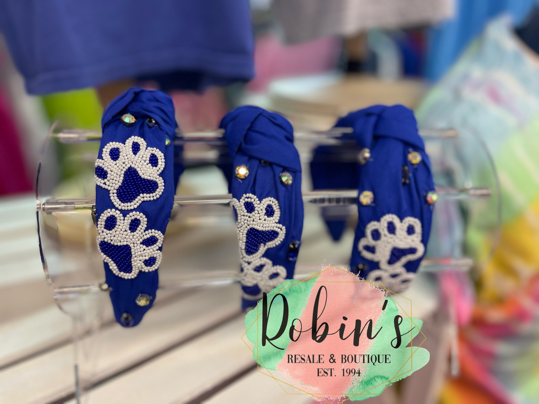 Blue Paw Print Headband with Rhinestones