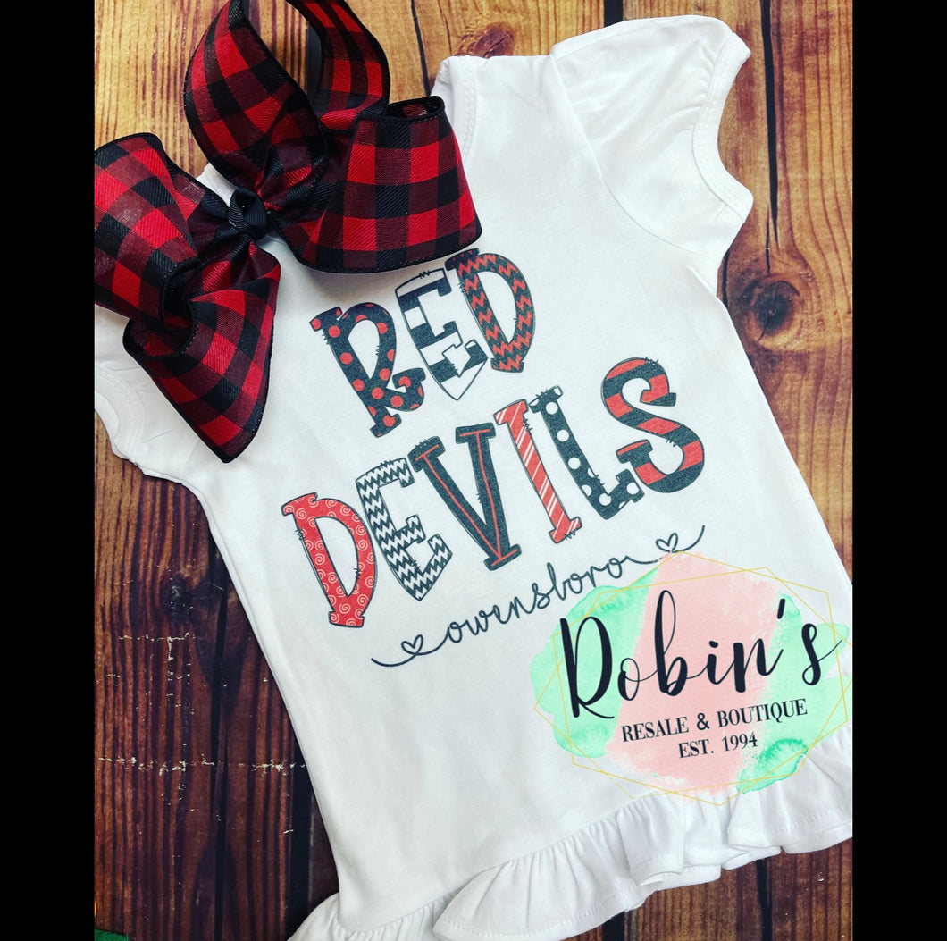 Girls Red Devils Ruffle Top